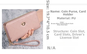 Pink PU leather wallet with heart decor and internal storage layout for cards and coins