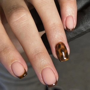 Faux Ongles Design Écaille De Tortue Français Brun Brillant Court Carré Ongles À Presser Pour Femmes