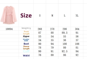 Detailed size guide for pink chiffon dress including length, bust, and sleeve measurements