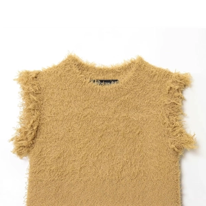 Furry mustard yellow knit top with plush faux fur texture and a classic round neck collar