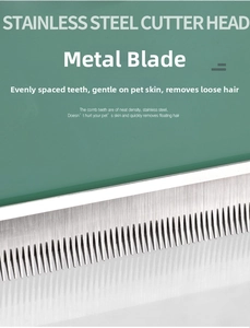 Detailed close-up of stainless steel pet de-shedding comb teeth for grooming