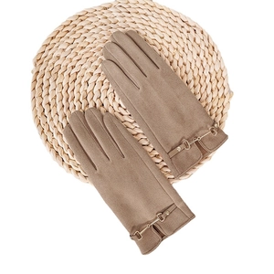 Elegant khaki winter touch screen gloves for women with stylish metal buckle on straw mat