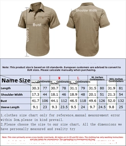 Size chart for men's short sleeve linen shirt with bust and length measurements in cm/inch