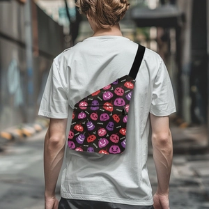 City street shot of a purple Halloween pumpkin crossbody bag with 'wow' print design
