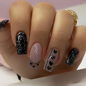 Uñas Postizas Purpurina Negra Corazón Diseño Francés Cuadrada Redonda Moda Y2K Spicy Girl Estilo Mujer