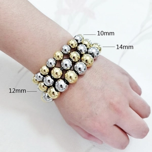 Waterproof stainless steel bead bracelet in gold and silver mix for men, 10-14mm sizes