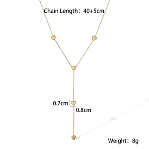 Detailed view of golden Y-shaped necklace with heart pendants and size specifications