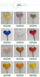 Macro display of twelve colorful handmade crochet heart sticks for bouquet decoration