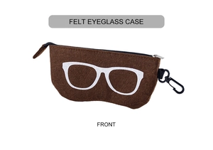 Front view of brown felt eyeglass case with white glasses print and plastic hook