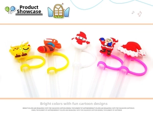 Detail of Christmas silicone straw covers featuring Santa, snowman, and reindeer shapes