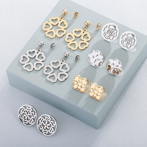 Hollow Heart Flower Rose Pattern Stainless Steel Stud Earrings Fashion Geometric Jewelry For Women Girls Elegant