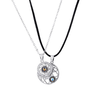 Magnetic sun and moon projection necklace set for couples with silver and black chains