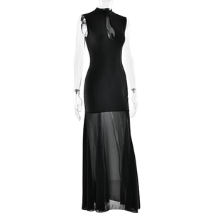 Detail view of black bodycon dress featuring hollow-out neckline and sheer mesh skirt detail