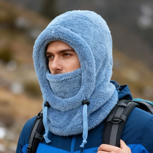 Detail of blue fleece balaclava with adjustable drawstring for winter wind protection