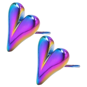 Detail of heart-shaped stainless steel earrings with rainbow gradient metallic finish