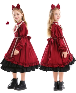 Detailed front and back view of a burgundy Lolita dress for girls with black lace ruffles