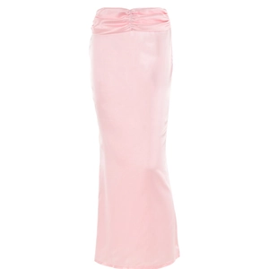 Jupe longue en satin rose avec taille plissée et silhouette sirène élégante au sol