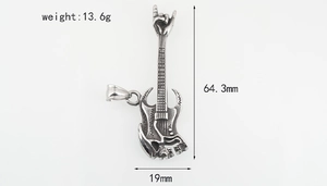 Detailed dimensions of silver rock guitar pendant with skull motif and 64.3mm height