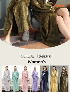 Detailed grid showing seven colors of women's plush flannel bathrobes with v-neck and waist belt