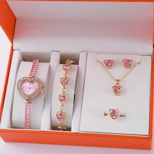 Detailed gift box view with pink heart jewelry set including watch, necklace and ring