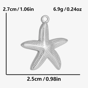 Detail view of starfish pendant showing 2.7cm height and textured 304 stainless steel
