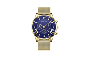 Detail of MREURIO blue moon phase watch face with gold mesh strap and sub-dials