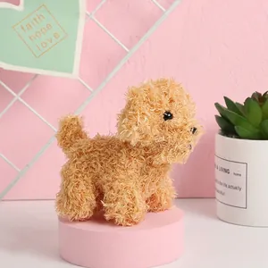 Cute simulation teddy dog plush toy in light brown curly fur on a pink display stand