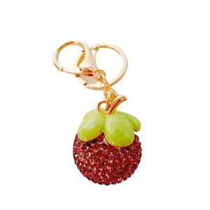 Creative rhinestone mangosteen fruit keychain with gold metal ring and green leaves