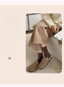 Brown faux suede plush mules with metal buckle and soft white faux fur lining details