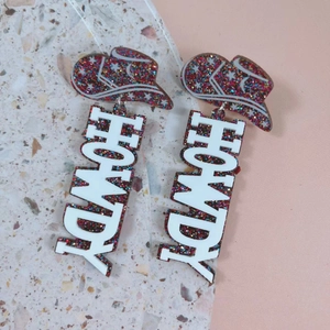 Glitter acrylic cowboy hat earrings with Howdy lettering and star pattern charms