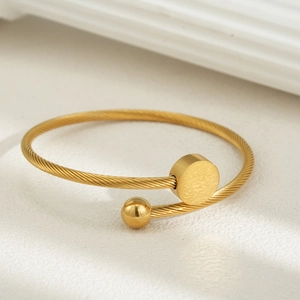Twisted Cable Open Cuff Bangle 18K Gold Plated Stainless Steel Minimalist Elegant Jewelry For Women Ball Disc Ends