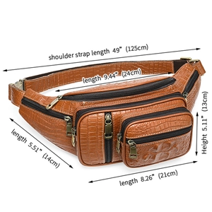 Brown crocodile pattern men bag with size dimensions and multi-layer zippers