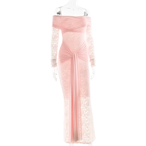 Close-up of pink lace off-the-shoulder dress with elegant drapery and ruched details