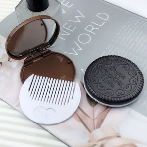Portable Mirror And Comb Chocolate Cookie Shape Folding Makeup Vanity Mirror With Mini Hair Brush Travel Accessories For Girls