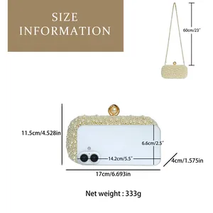Tabella taglie dettagliata per pochette da sera con perle e misure della catena
