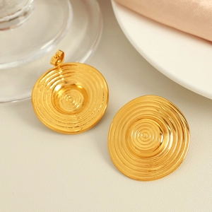 Minimalist gold spiral round stud earrings featuring concentric ripple design in metal