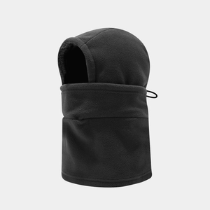 Winter thermal balaclava made of thick black polar fleece for outdoor skiing and cycling