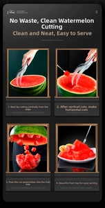 Macro detail of stainless steel watermelon slicer showing step-by-step cutting process
