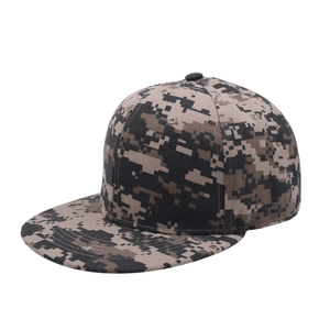 Detailed macro view of digital pixelated camouflage pattern on flat brim baseball cap