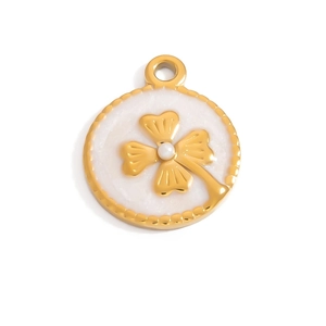 Detail of a round 18K gold-plated clover pendant with white enamel inlay and ring