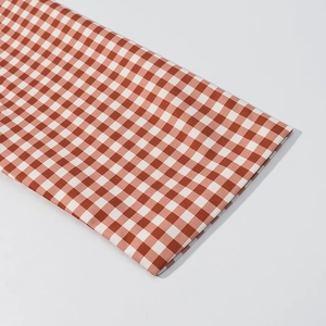 Detailansicht der rot-weißen Gingham-Stofftextur und des Musters auf dem langen Trenchcoat