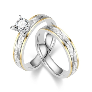 Frosted titanium steel couple ring set with sparkling zircon and gold-plated edges