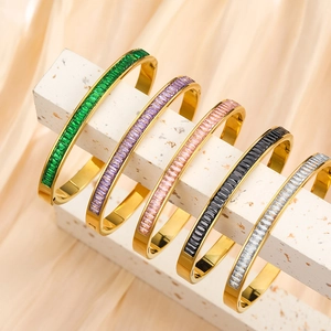 Baguette Cubic Zirconia Bangle Gold Plated Stainless Steel Elegant Hinge Clasp Eternity Bracelet Women Fashion Jewelry