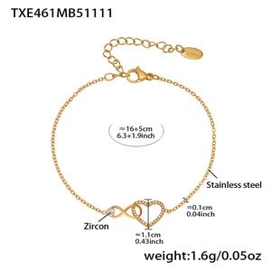 Dimensioni dettagliate del bracciale cuore infinito placcato oro 18k con zirconi