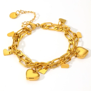 Elegant 18k gold plated double layer stainless steel bracelet with heart charms