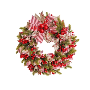 50cm Christmas wreath with red berries, pine needles and festive Snow ribbons