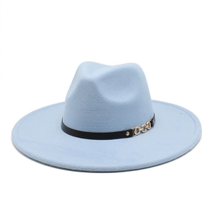 Detail of light blue wool fedora hat featuring black leather band and gold metal chain