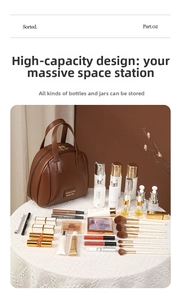 Large capacity brown leather makeup bag showing storage of various cosmetic items