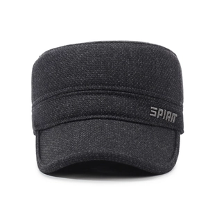Mens winter flat top military hat in black woven tweed with Spirit logo embroidery