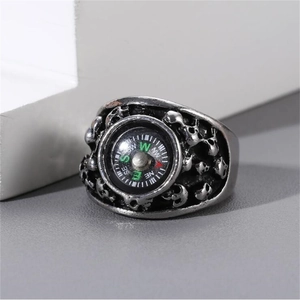 Retro punk style men's open ring featuring a skull relief and functional mini compass